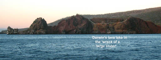 Figure 3. Darwin’s “wreck of a large crater” on the promontory at Buccaneer Cove. The lava lake is where we believe he first observed evidence of crystal settling.